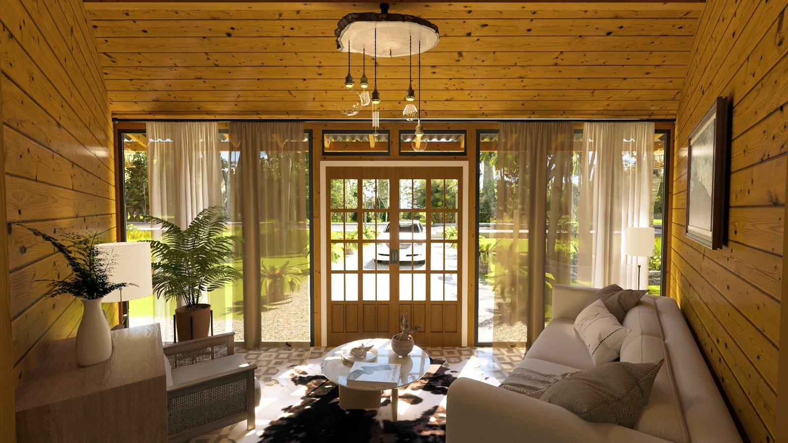 POP 2.20 Pentágono de 76,12m² — Sala no hall de entrada do modelo Pentágono Casa pré-fabricada POP 2.20 Pentágono de 76,12m² em madeira pinus autoclave — sala no hall de entrada do modelo pentágono