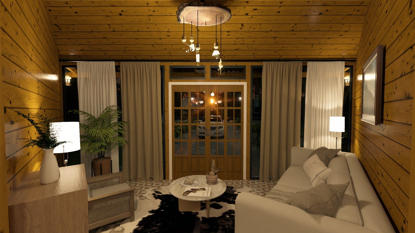 POP 2.20 Pentágono de 76,12m² — Sala do modelo Pentágono em outro ângulo de noite Casa pré-fabricada POP 2.20 Pentágono de 76,12m² em madeira pinus autoclave — sala do modelo pentágono em outro ângulo de noite