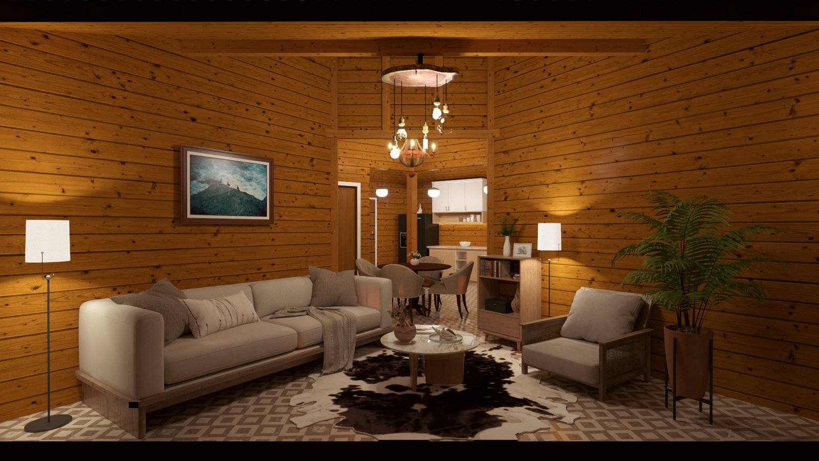 POP 2.20 Pentágono de 76,12m² — Sala do projeto Pentágono no mesmo ângulo de noite Casa pré-fabricada POP 2.20 Pentágono de 76,12m² em madeira pinus autoclave — sala do projeto pentágono no mesmo ângulo de noite