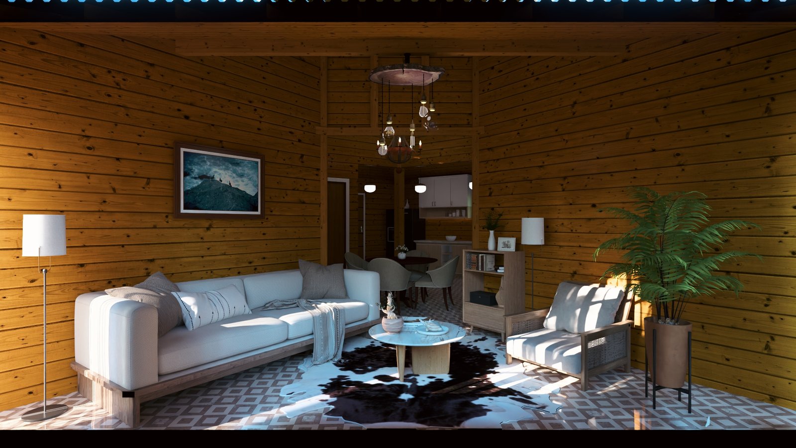 POP 2.20 Pentágono de 76,12m² — Sala do modelo Pentágono em outro ângulo de dia Casa pré-fabricada POP 2.20 Pentágono de 76,12m² em madeira pinus autoclave — sala do modelo pentágono em outro ângulo de dia